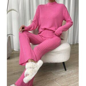 Contemporary Mock Neck Drop Shoulder Tee & Pants Coord Set Pink